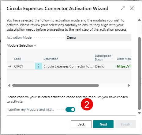 Activation mode “Subscription” with confirmation toggle