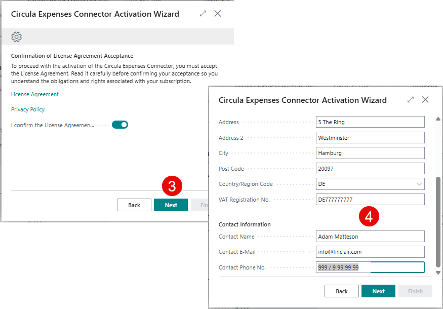 Entering company and contact information in the activation wizard