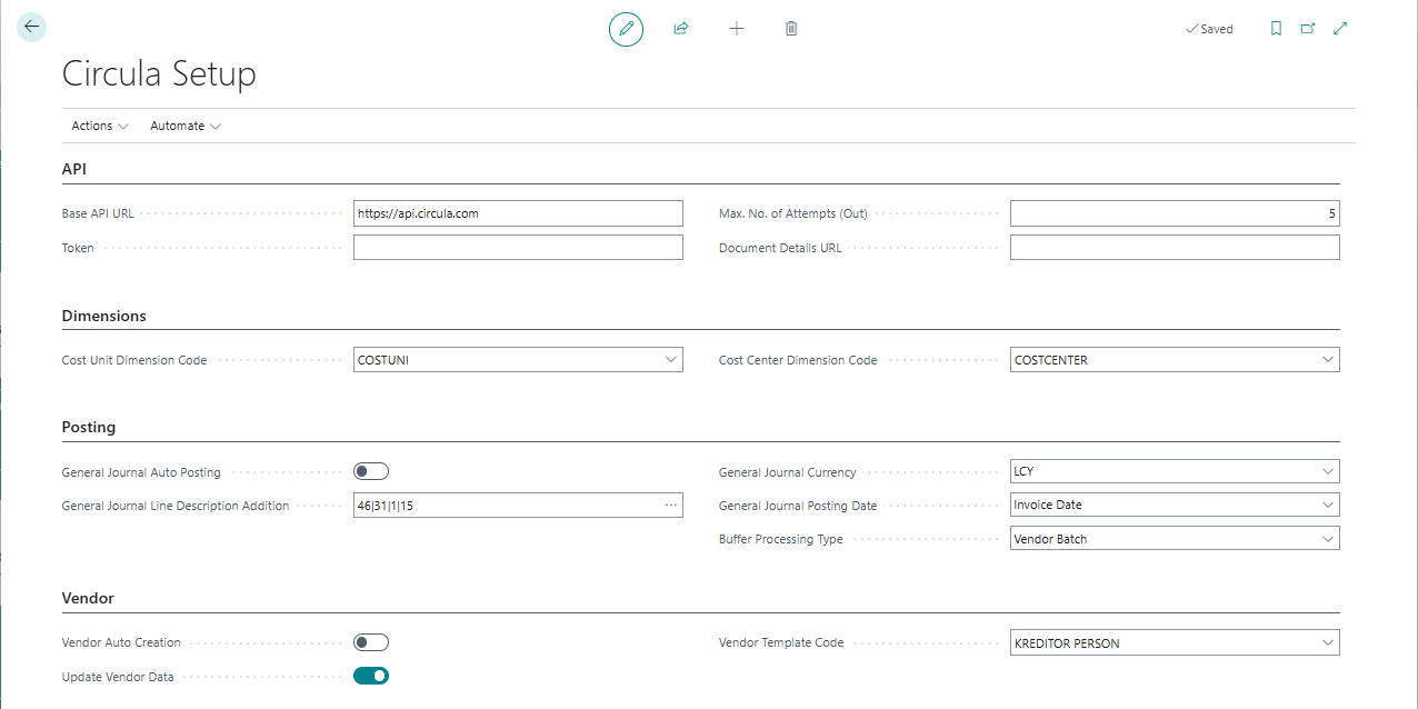 Circula Setup in Business Central (initial state)