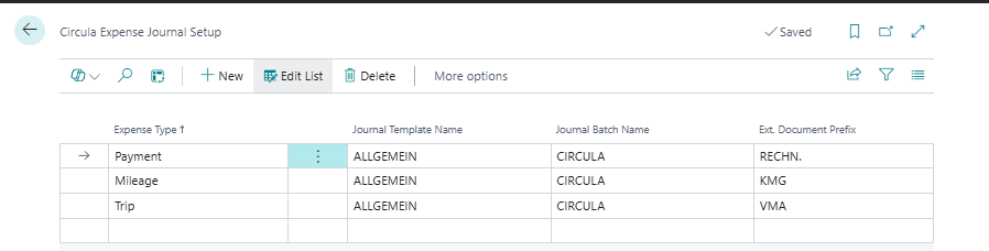 Circula Expense Journal Setup with the three expense types