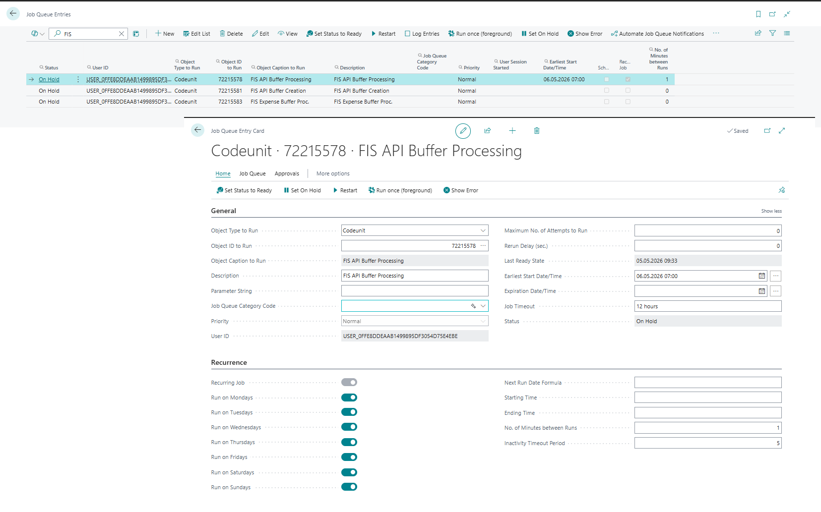 Job Queue Entry card “FIS API Buffer Processing”