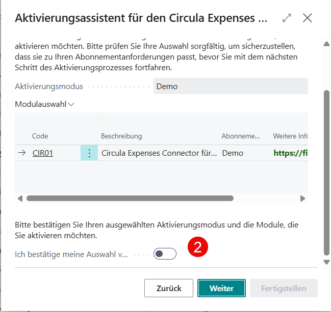 Aktivierungsmodus „Abonnement" mit Bestätigungsschalter