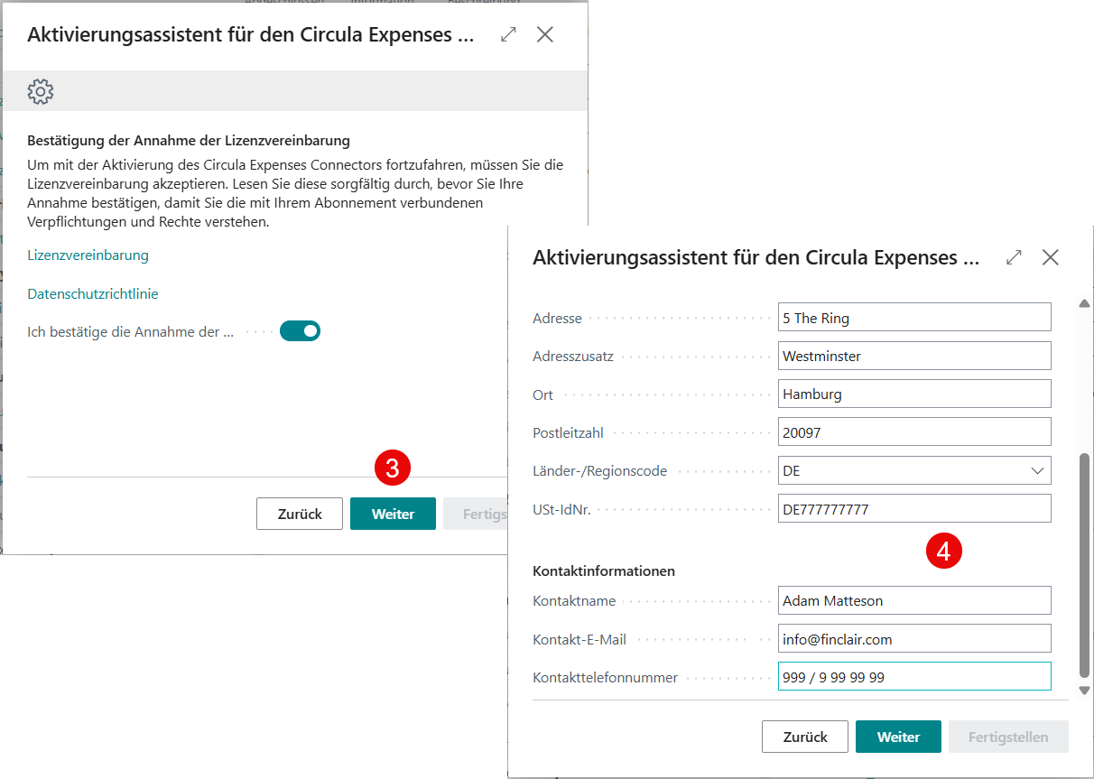 Eingabe der Unternehmens- und Kontaktdaten im Aktivierungsassistenten