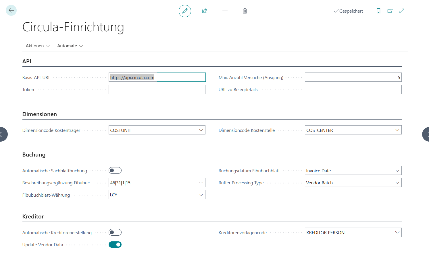 Circula-Einrichtung in Business Central (Ausgangsstand)