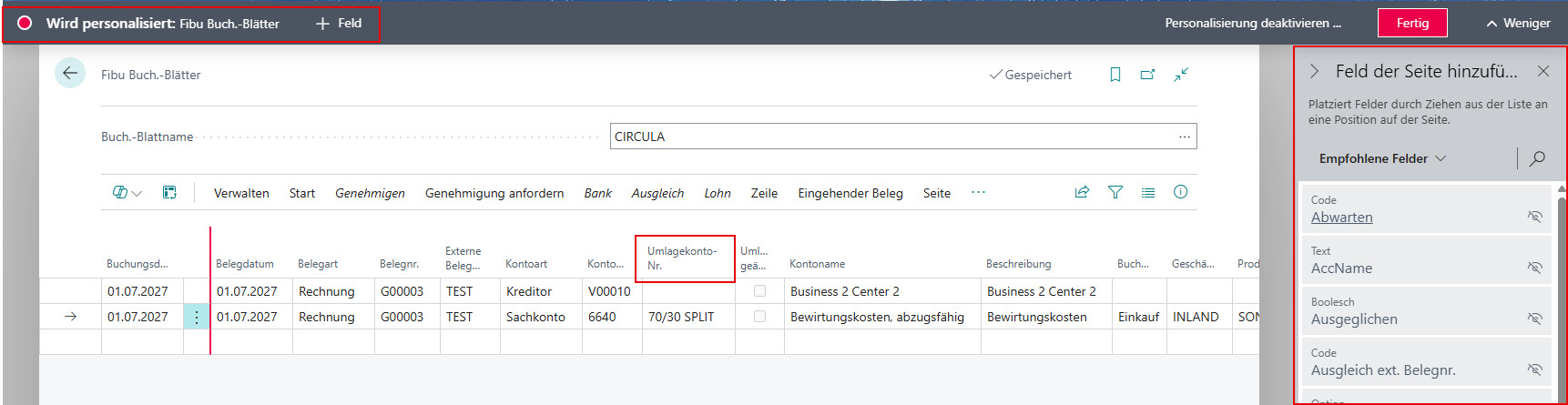 Personalisieren: das Feld „Umlagekonto-Nr." aus der Feldliste in die Zeilentabelle ziehen