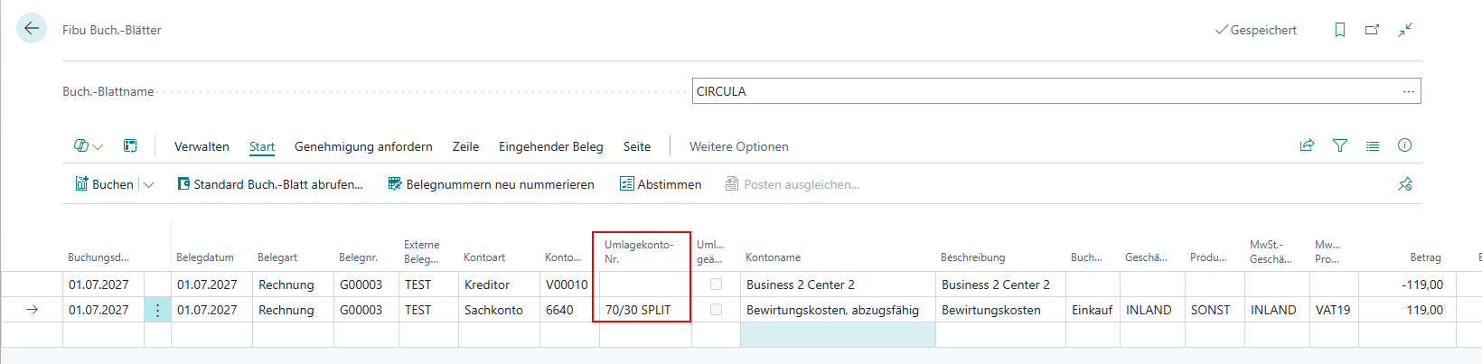 Die Aufwandszeile auf Konto 6640 erhält das Umlagekonto „70/30 SPLIT"